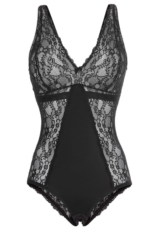 bonprix - Body bez fiszbinów z delikatną koronką. Kolor: czarny. Materiał: koronka. Wzór: koronka