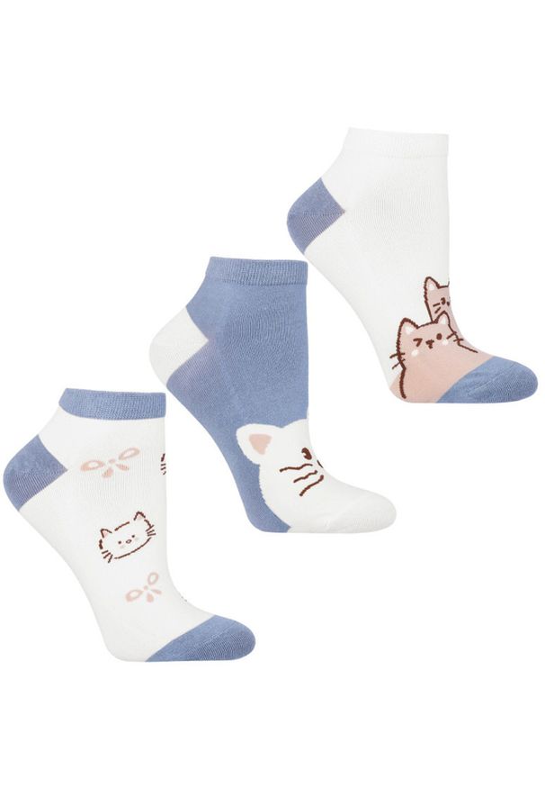 Skarpetki damskie Moraj, wysokie bawełniane w kotki i elastyczne 3 pary, białe-niebieskie, CSD240-129. Kolor: niebieski. Materiał: bawełna