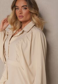 Renee - Beżowa Rozkloszowana Sukienka z Falbanami i Paskiem Divanessa. Okazja: na co dzień. Kolor: beżowy. Materiał: materiał. Typ sukienki: proste, rozkloszowane. Styl: casual #5