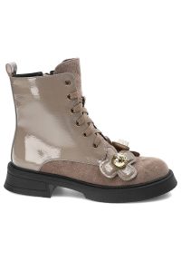 Brązowe Botki S.Barski Modne Buty Damskie. Okazja: na spacer. Zapięcie: zamek. Kolor: brązowy. Materiał: skóra ekologiczna, materiał. Wzór: kwiaty. Obcas: na obcasie. Styl: elegancki. Wysokość obcasa: średni #3