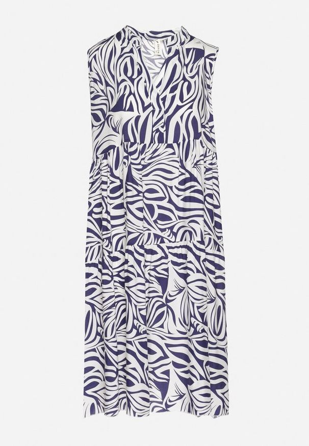 Born2be - Granatowa Bawełniana Rozkloszowana Sukienka z Geometrycznym Wzorem Annivaria. Okazja: na co dzień. Typ kołnierza: dekolt w kształcie V. Kolor: niebieski. Materiał: bawełna. Wzór: geometria. Typ sukienki: rozkloszowane. Styl: klasyczny, casual, elegancki