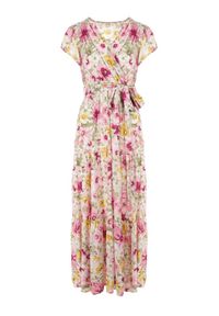 Born2be - Biało-Różowa Sukienka Chionassa. Typ kołnierza: kołnierz z falbankami. Kolor: biały. Materiał: materiał. Długość rękawa: krótki rękaw. Wzór: kolorowy, kwiaty. Sezon: lato. Typ sukienki: kopertowe. Długość: maxi #3