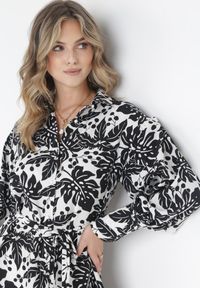 Born2be - Czarna Koszulowa Sukienka Mini z Materiałowym Paskiem i Szerokimi Mankietami Fidonisa. Kolor: czarny. Materiał: materiał. Długość rękawa: długi rękaw. Wzór: kwiaty, nadruk. Typ sukienki: koszulowe. Długość: mini #5