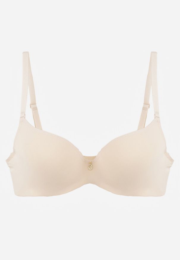 Born2be - Beżowy Gładki Biustonosz Push Up z Aplikacją z Cyrkoniami Murita. Kolor: beżowy. Materiał: materiał. Rodzaj stanika: push-up. Wzór: gładki, aplikacja