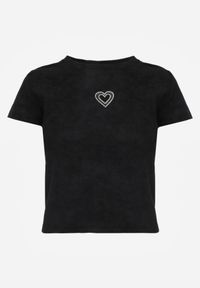 Born2be - Czarny Bawełniany T-shirt z Cyrkoniowym Sercem Arielin. Okazja: na co dzień. Kolor: czarny. Materiał: bawełna. Wzór: aplikacja. Styl: sportowy, klasyczny, casual #4