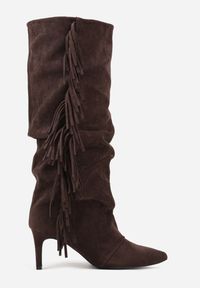 Renee - Brązowe Kozaki z Imitacji Zamszu na Szpilce z Marszczoną Cholewką z Frędzlami Linotris. Okazja: na co dzień. Kolor: brązowy. Materiał: zamsz. Szerokość cholewki: normalna. Obcas: na szpilce. Styl: casual #2