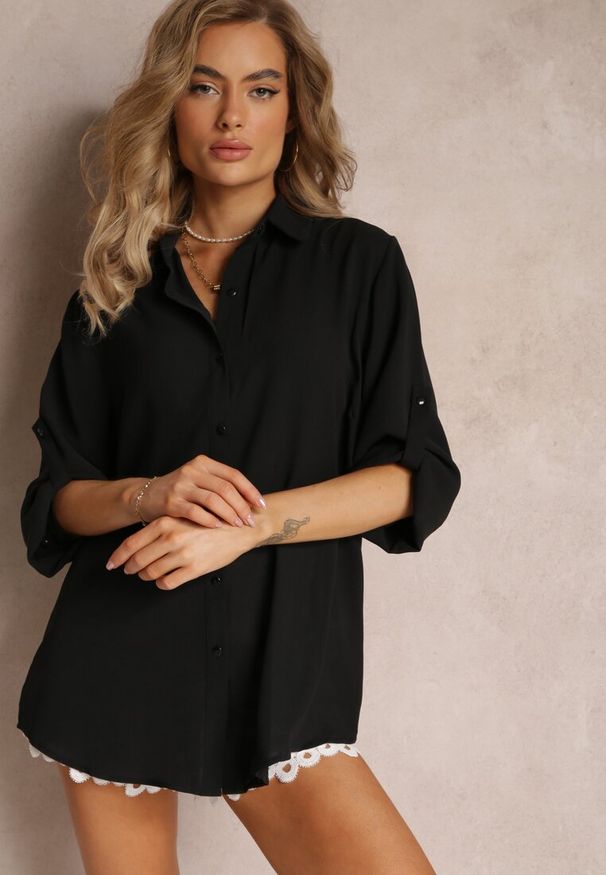 Renee - Czarna Koszula z Kołnierzem i Długimi Rękawami na Guzik Henvia. Kolekcja: plus size. Kolor: czarny. Długość rękawa: długi rękaw. Długość: długie
