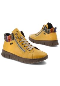 Żółte Botki Rieker Ocieplane Buty Damskie. Okazja: na co dzień. Zapięcie: sznurówki. Kolor: żółty. Materiał: dzianina. Wzór: kolorowy. Sezon: zima, jesień. Styl: casual, elegancki #4