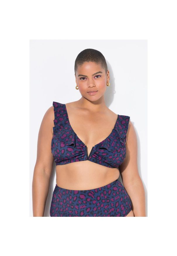 ULLA POPKEN - Damski Top od bikini miękkie miseczki kolorowy wzór w panterkę. Kolekcja: plus size. Kolor: niebieski. Materiał: poliester, elastan, poliamid, materiał. Wzór: kolorowy, motyw zwierzęcy