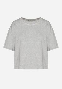 Born2be - Szary Bawełniany T-shirt Ozdobiony Cyrkoniami Fadelis. Okazja: na co dzień, na spotkanie biznesowe. Kolor: szary. Materiał: bawełna. Wzór: aplikacja. Styl: elegancki, biznesowy, casual