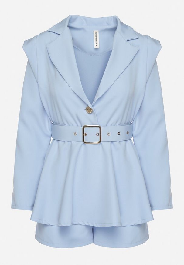 Born2be - Jasnoniebieski Kombinezon w Stylu Garniturowym z Paskiem i Ozdobnym Guzikiem Arazia. Kolor: niebieski. Styl: elegancki