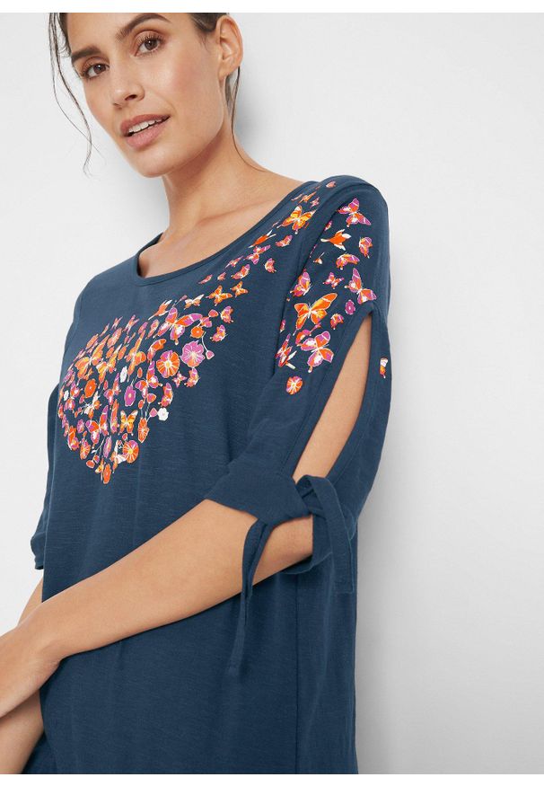 bonprix - Shirt bawełniany cold-shoulder, krótki rękaw. Kolor: niebieski. Materiał: bawełna. Długość rękawa: krótki rękaw. Długość: krótkie. Wzór: nadruk