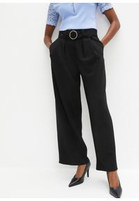 bonprix - Spodnie culotte z paskiem, w strukturalny wzór. Kolor: czarny