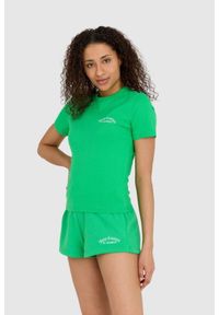 Juicy Couture - JUICY COUTURE Zielony t-shirt damski haylee recycled z haftowanym logo. Kolor: zielony. Wzór: haft