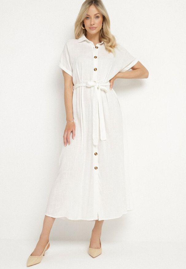 Born2be - Biała Koszulowa Sukienka z Lnem Wiskozą i Paskiem Lenaviel. Okazja: na co dzień. Kolor: biały. Materiał: len, wiskoza. Typ sukienki: koszulowe. Styl: casual, klasyczny