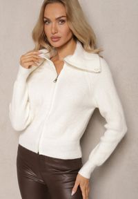 Renee - Biały Kardigan z Wełną o Kroju z Golfem i Zapięciem na Zamek Zinfria. Okazja: na spacer, do pracy. Typ kołnierza: golf. Kolor: biały. Materiał: wełna. Styl: elegancki