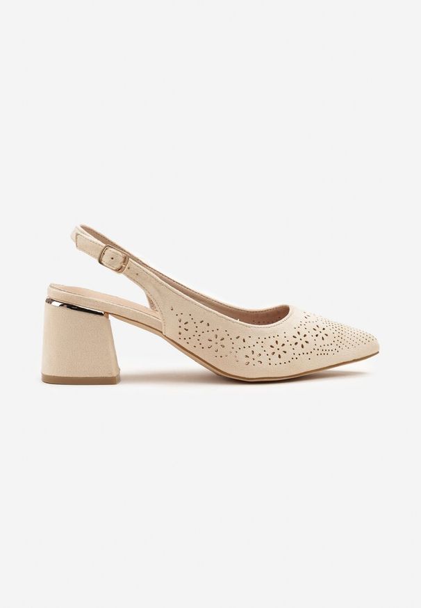 Renee - Beżowe Sandały Vices na Słupku Slingback ze Skórzaną Wkładką i Ażurowym Wzorem Iffinira. Zapięcie: sprzączka. Kolor: beżowy. Materiał: skóra. Wzór: ażurowy. Sezon: lato. Obcas: na słupku. Wysokość obcasa: średni