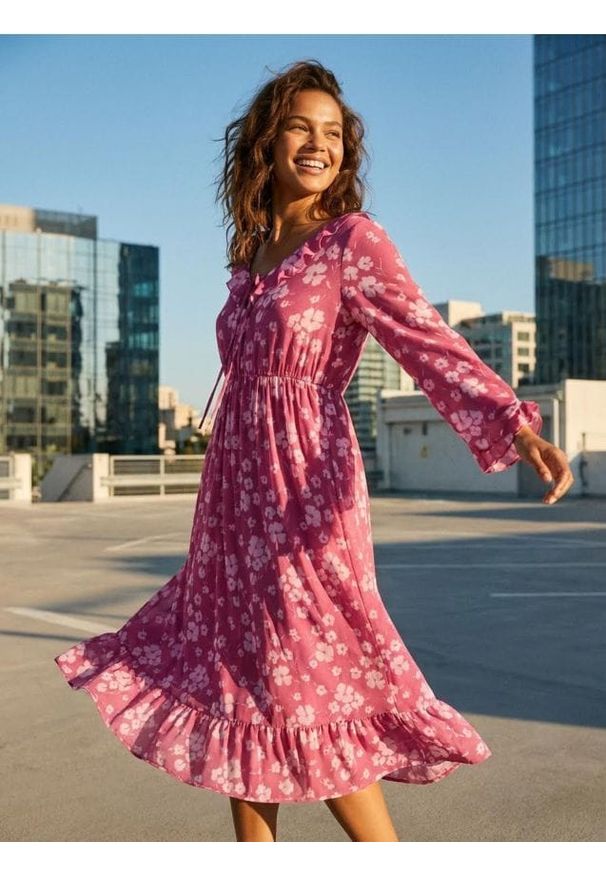 Sinsay - Sukienka midi z falbanami i wiązaniem przy dekolcie - wielobarwny. Długość: midi