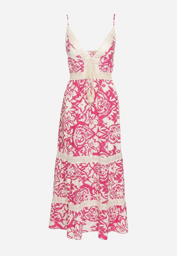 Born2be - Różowa Bawełniana Sukienka Rozkloszowana w Etniczny Wzór z Koronką Taliosha. Okazja: na co dzień. Typ kołnierza: dekolt w kształcie V. Kolor: różowy. Materiał: bawełna, koronka. Długość rękawa: na ramiączkach. Wzór: koronka. Styl: casual, elegancki