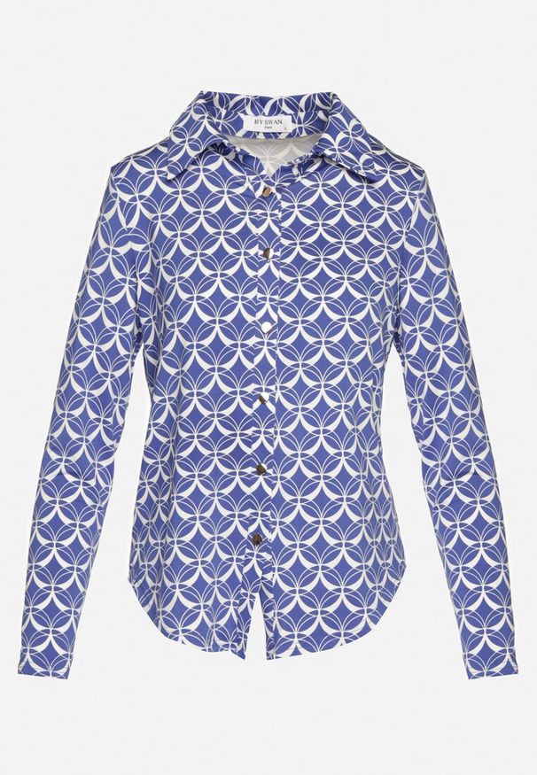 Born2be - Granatowa Koszula z Metalicznymi Guzikami i Oryginalnym Wzorem Orlenmdra. Okazja: do pracy, na spotkanie biznesowe. Kolor: niebieski. Wzór: geometria. Styl: biznesowy, klasyczny