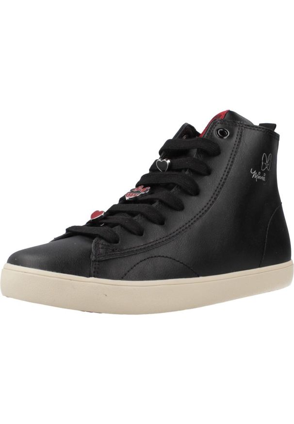 Buty do chodzenia damskie Geox Disney. Zapięcie: sznurówki. Kolor: czarny. Materiał: syntetyk, tkanina, materiał. Szerokość cholewki: normalna. Wzór: motyw z bajki. Sport: turystyka piesza