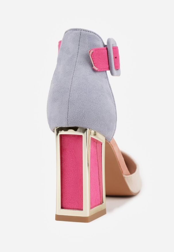 Renee - Beżowo-Różowe Czółenka na Stożku Ozdobione Paskiem Wokół Kostki i Metaliczną Aplikacją Tiliri. Okazja: na spotkanie biznesowe, do pracy. Zapięcie: pasek. Kolor: beżowy. Materiał: jedwab, satyna. Wzór: aplikacja. Obcas: na stożku. Styl: biznesowy, elegancki, wizytowy. Wysokość obcasa: średni