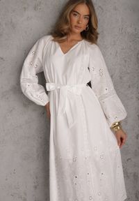 Renee - Biała Boho Sukienka z Bawełny z Haftem Wiązaniem i Ażurowymi Detalami Adrirena. Okazja: na co dzień. Kolor: biały. Materiał: bawełna. Długość rękawa: długi rękaw. Wzór: haft, ażurowy. Typ sukienki: proste. Styl: boho #1