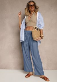 Renee - Niebieskie Bawełniane Spodnie o Szerokim Kroju z Wiązaniem Evipon. Okazja: na co dzień. Kolor: niebieski. Materiał: bawełna. Styl: casual, elegancki #3