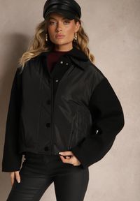 Renee - Czarna Kurtka Zapinana na Napy z Odpinanym Kołnierzem i Materiałowymi Wstawkami Liolie. Okazja: na co dzień. Kolor: czarny. Materiał: materiał. Styl: elegancki, casual