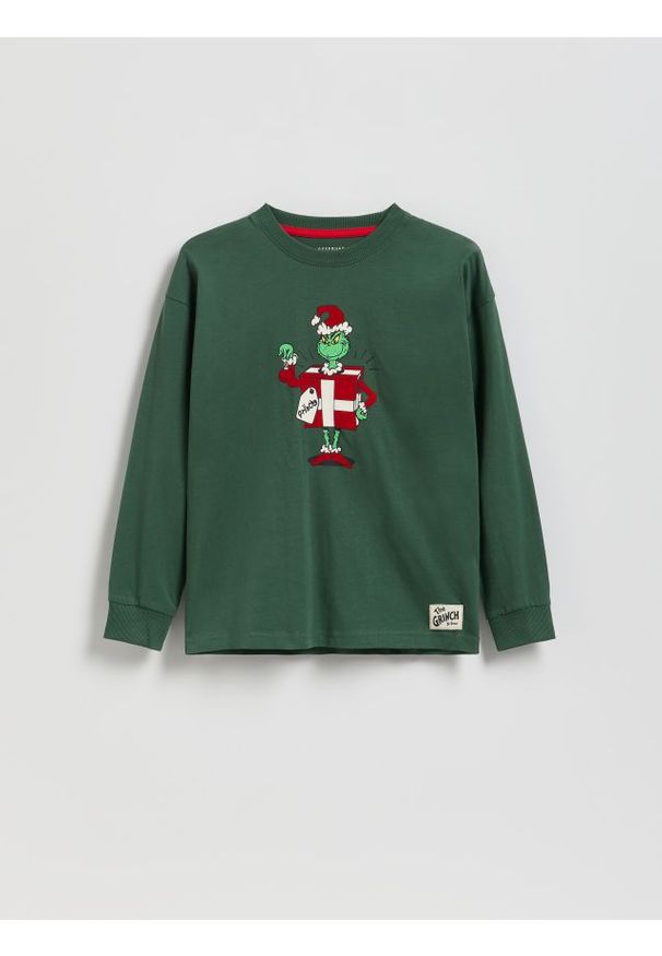 Reserved - Longsleeve Grinch - ciemnozielony. Kolor: zielony. Materiał: dzianina, bawełna. Długość rękawa: długi rękaw