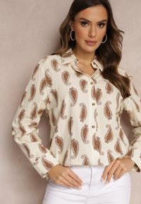 Renee - Beżowo-Brązowa Bawełniana Koszula z Drobnym Wzorem Paisley Kaisleigh. Kolor: beżowy. Materiał: bawełna. Wzór: paisley. Styl: klasyczny