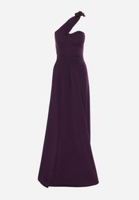 Born2be - Ciemnofioletowa Rozkloszowana Sukienka z Asymetryczną Górą i Wiązaniem na Ramieniu z Rozcięciem Efirey. Kolor: fioletowy. Materiał: tkanina. Typ sukienki: asymetryczne #7