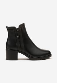 Renee - Czarne Botki Basic na Słupkowym Obcasie Zdobione Suwakiem Fessamia. Okazja: na co dzień. Zapięcie: zamek. Kolor: czarny. Materiał: jeans, skóra. Wzór: aplikacja. Obcas: na obcasie. Styl: casual, elegancki. Wysokość obcasa: średni #5