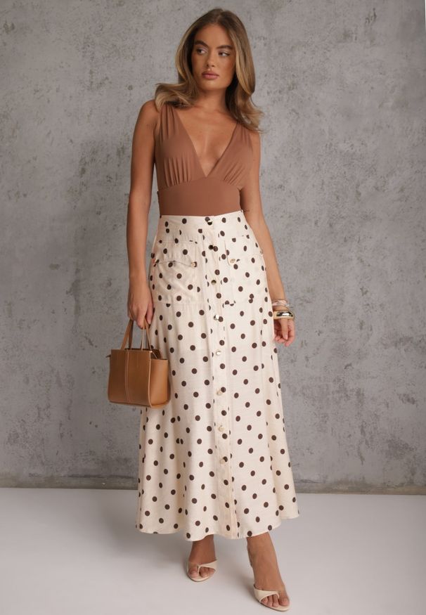 Renee - Beżowa Wiskozowa Spódnica High Waist w Kropki z Guzikami Tadalion. Stan: podwyższony. Kolor: beżowy. Materiał: wiskoza. Wzór: kropki. Styl: retro