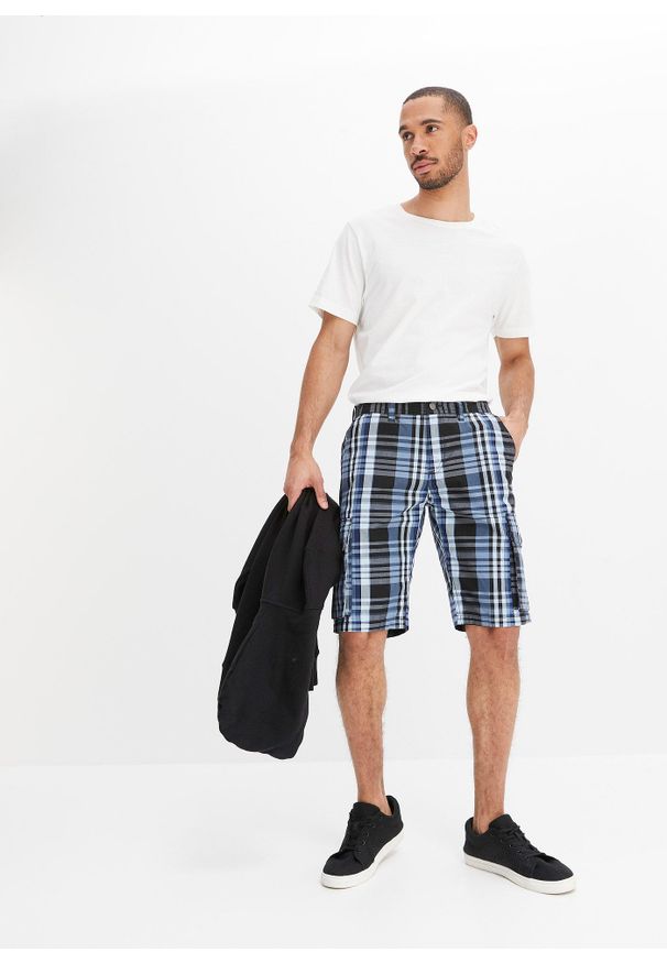 bonprix - Bermudy bojówki z elastyczną gumką w talii, regular fit. Stan: obniżony. Kolor: niebieski