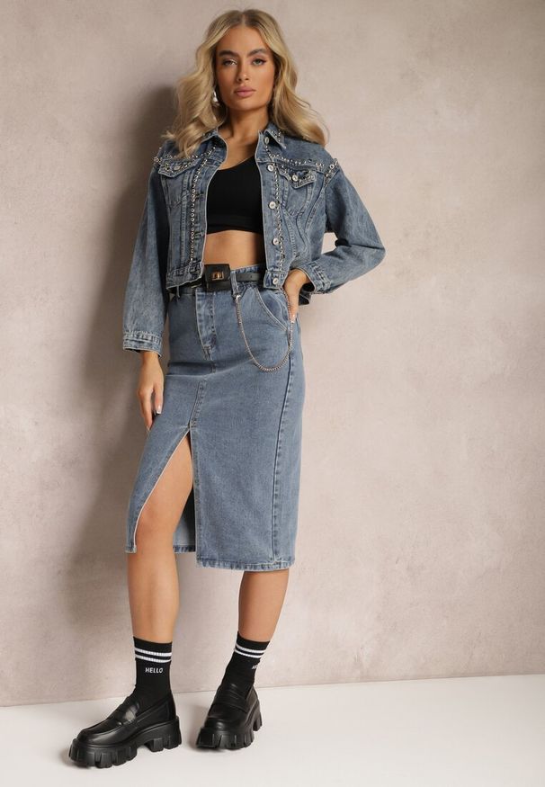 Renee - Niebieska Ołówkowa Spódnica Jeansowa z Rozcięciem i Paskiem z Saszetką Misitra. Kolor: niebieski. Materiał: jeans