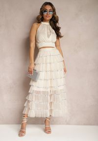 Renee - Beżowa Rozkloszowana Spódnica Maxi z Falbankami i Cekinami Noobi. Kolor: beżowy. Materiał: materiał. Wzór: aplikacja. Styl: elegancki #4
