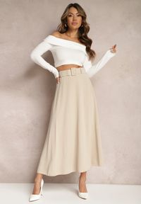 Renee - Jasnobeżowa Rozkloszowana Spódnica Maxi z Paskiem i Klamrą Adlirca. Okazja: na co dzień. Kolor: beżowy. Materiał: materiał. Wzór: gładki. Styl: casual #3