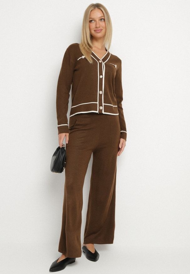Born2be - Brązowy Dzianinowy Komplet Szerokie Spodnie i Kardigan z Lamówkami Gioresa. Kolor: brązowy. Materiał: dzianina. Wzór: gładki. Sport: turystyka piesza