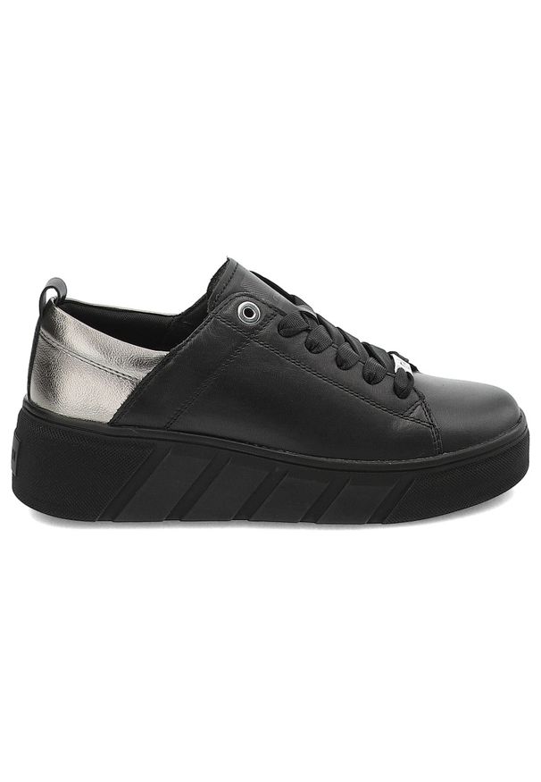Czarne Sneakersy Rieker Modne Obuwie Damskie. Okazja: na co dzień. Zapięcie: sznurówki. Kolor: czarny. Materiał: skóra. Wzór: gładki