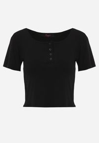 Born2be - Czarny Prążkowany Top Bawełniany z Guzikami przy Dekolcie Nedera. Okazja: na co dzień. Kolor: czarny. Materiał: prążkowany, bawełna. Styl: casual, klasyczny #8