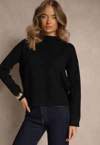 Renee - Czarny Pudełkowy Sweter z Półgolfem o Gładkim Wykończeniu Unala. Kolor: czarny. Materiał: skóra, jeans. Wzór: gładki #5