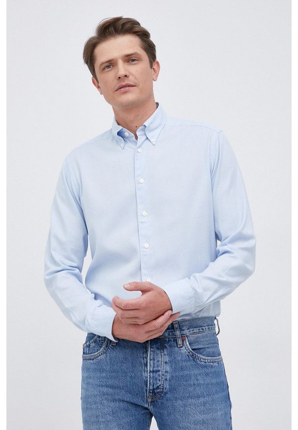 Eton - ETON - Koszula. Okazja: na co dzień. Typ kołnierza: button down. Kolor: niebieski. Materiał: tkanina. Długość rękawa: długi rękaw. Długość: długie. Wzór: gładki. Styl: casual