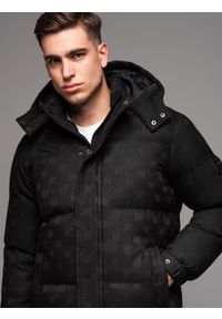 Ombre Clothing - Wzorzysta żakardowa męska kurtka typu puffer – czarna V1. Kolor: czarny. Materiał: żakard. Wzór: aplikacja. Sezon: zima. Styl: retro, elegancki