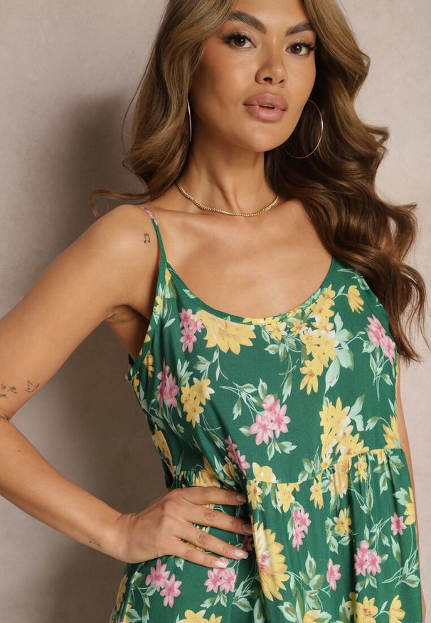 Renee - Zielona Wiskozowa Sukienka na Ramiączkach z Falbanką Lrinesa. Okazja: na spacer. Kolor: zielony. Materiał: wiskoza. Długość rękawa: na ramiączkach. Sezon: lato