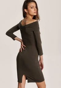 Renee - Khaki Sukienka Rhelvia. Kolor: brązowy. Materiał: dzianina. Długość rękawa: długi rękaw. Wzór: gładki, jednolity. Długość: mini #4