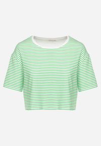 Born2be - Zielony Bawełniany T-shirt o Oversizowym Krótkim Fasonie w Cienkie Paski Lakrida. Okazja: na co dzień. Kolor: zielony. Materiał: bawełna. Długość: krótkie. Wzór: paski. Styl: casual, klasyczny #3