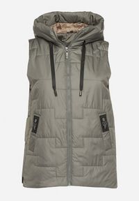 Born2be - Zielona Pikowana Kamizelka z Kapturem i Sznurkami Imvila. Okazja: na co dzień. Typ kołnierza: kaptur. Kolor: zielony. Materiał: jeans. Wzór: aplikacja. Styl: klasyczny, casual, elegancki