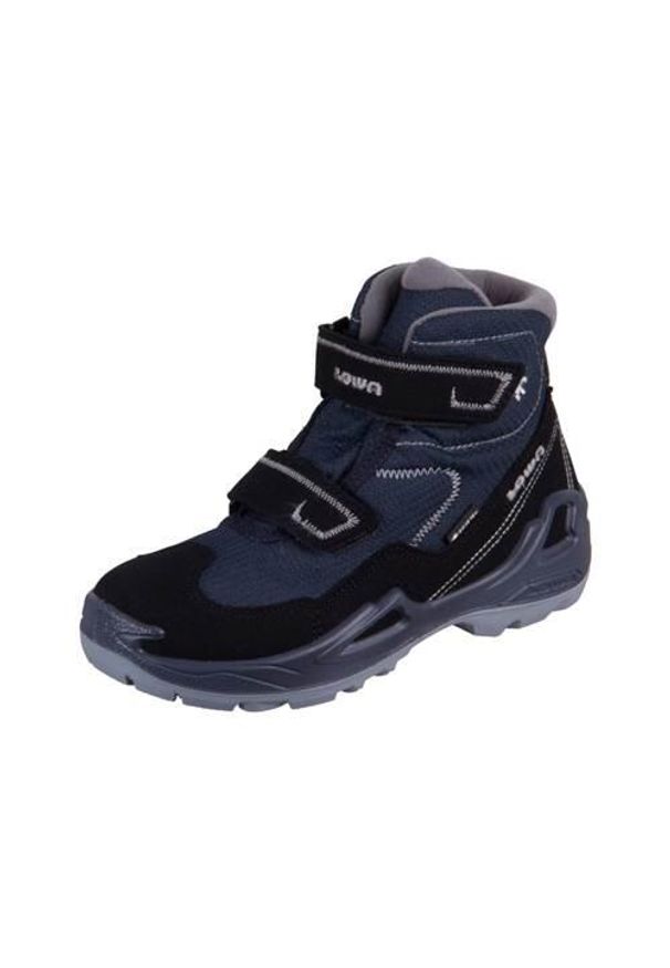 Buty trekkingowe dla dzieci Lowa Milo Gtx Mid Schwarz Navy Textil. Wysokość cholewki: za kostkę. Zapięcie: rzepy. Kolor: niebieski. Materiał: materiał. Szerokość cholewki: normalna