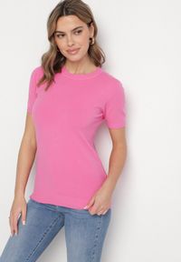 Born2be - Różowy Sweter z Ozdobnymi Ściągaczami Sanarella. Okazja: na co dzień. Kolor: różowy. Materiał: jeans. Wzór: aplikacja. Styl: elegancki, casual